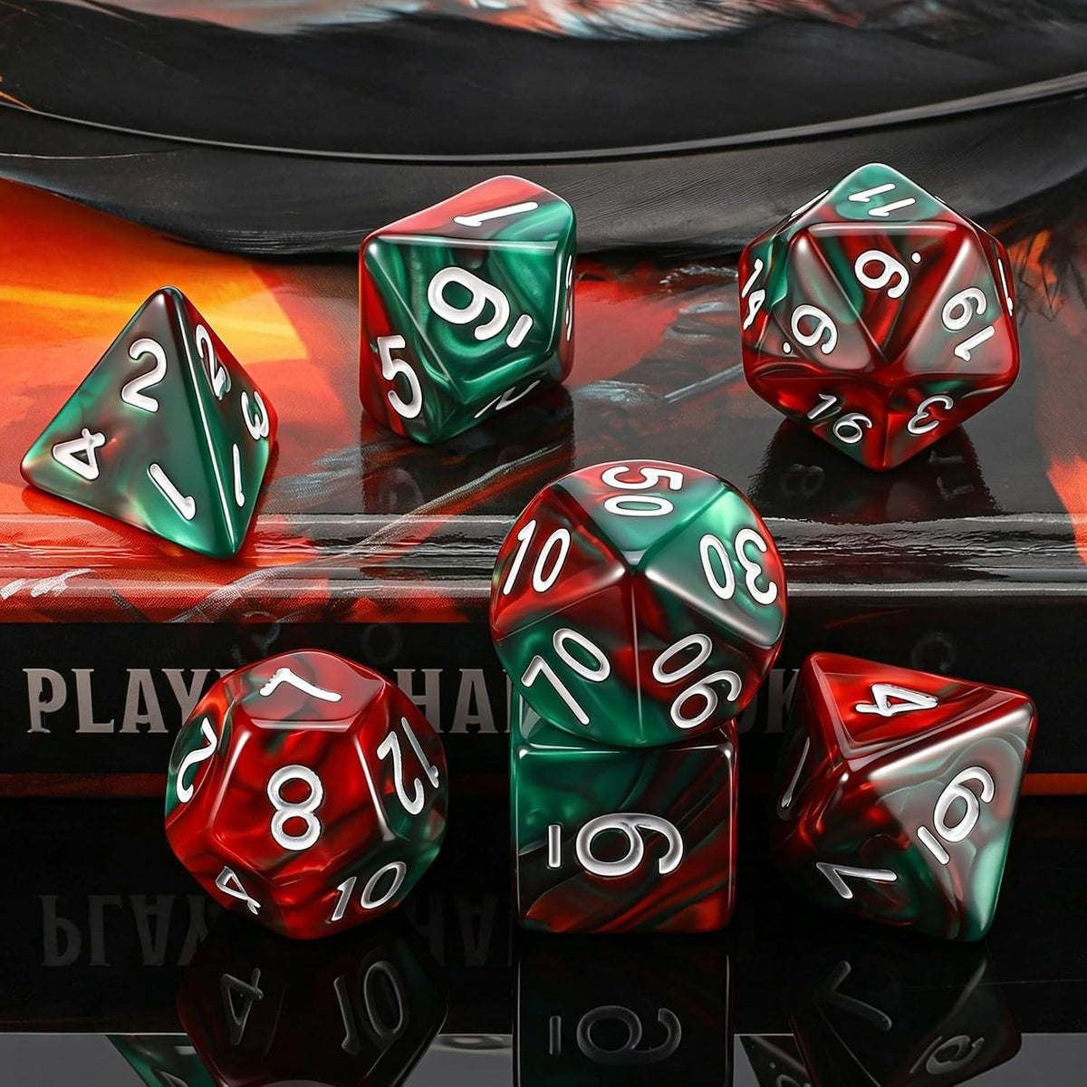 QMAY DND Dice Set - 7Pcs Blue Mix White Polyhedral Dice with Black Dice Bag – Fun for Kids & Family - Red and Green - image 4