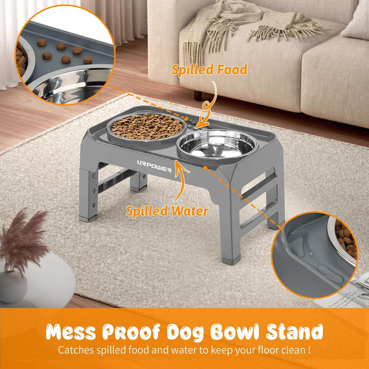 URPOWER Raised Dog Bowls 4 Height Adjustable Elevated Bowl Stand – Essentials for Dogs - Light Grey - image 4