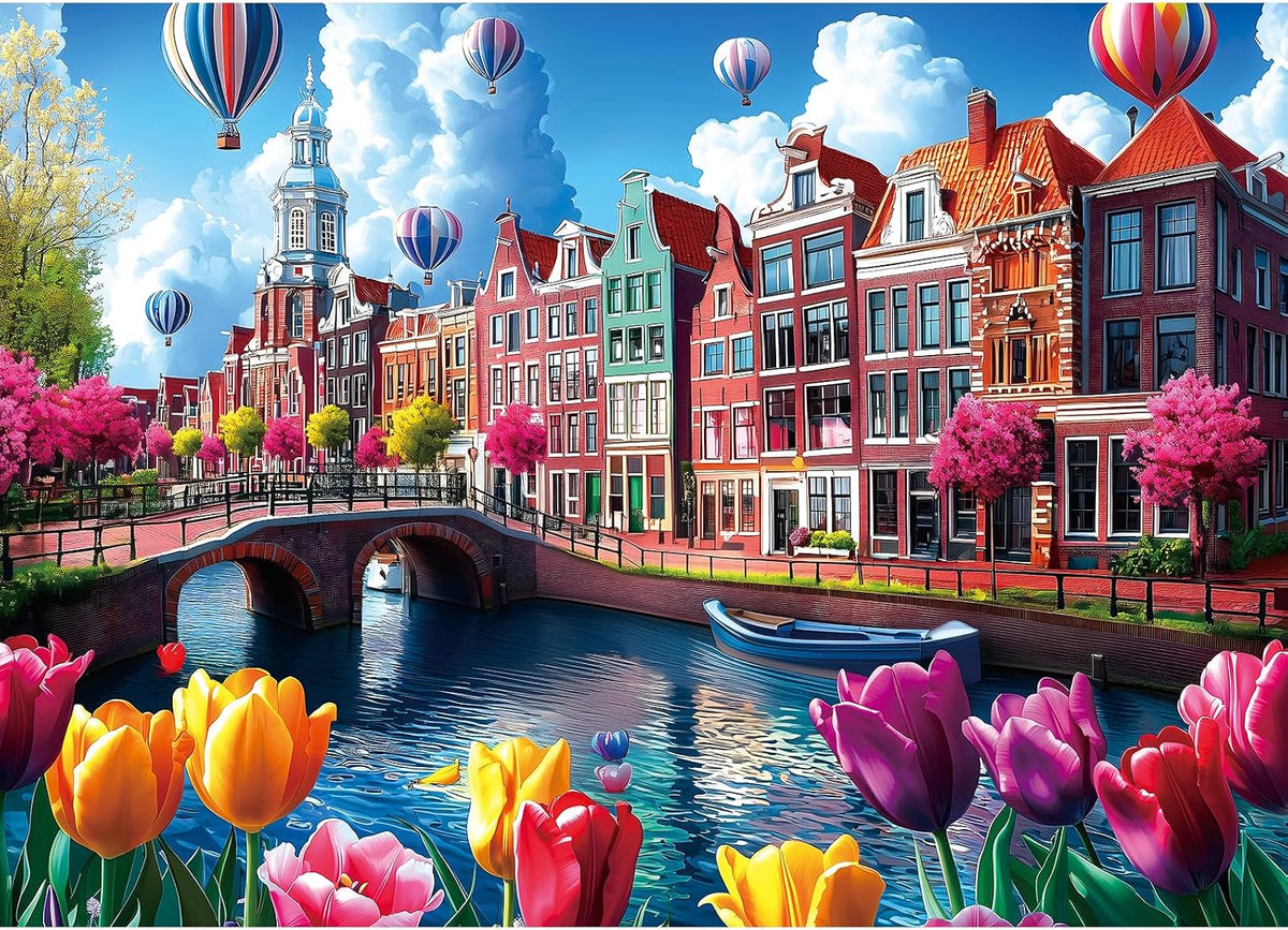 1000 Piece Jigsaw Puzzles for Adults, Lakeside Cabin with Letter – Fun for Kids & Family - Pink - Amsterdam Canals / 27.5" X 19.7"
