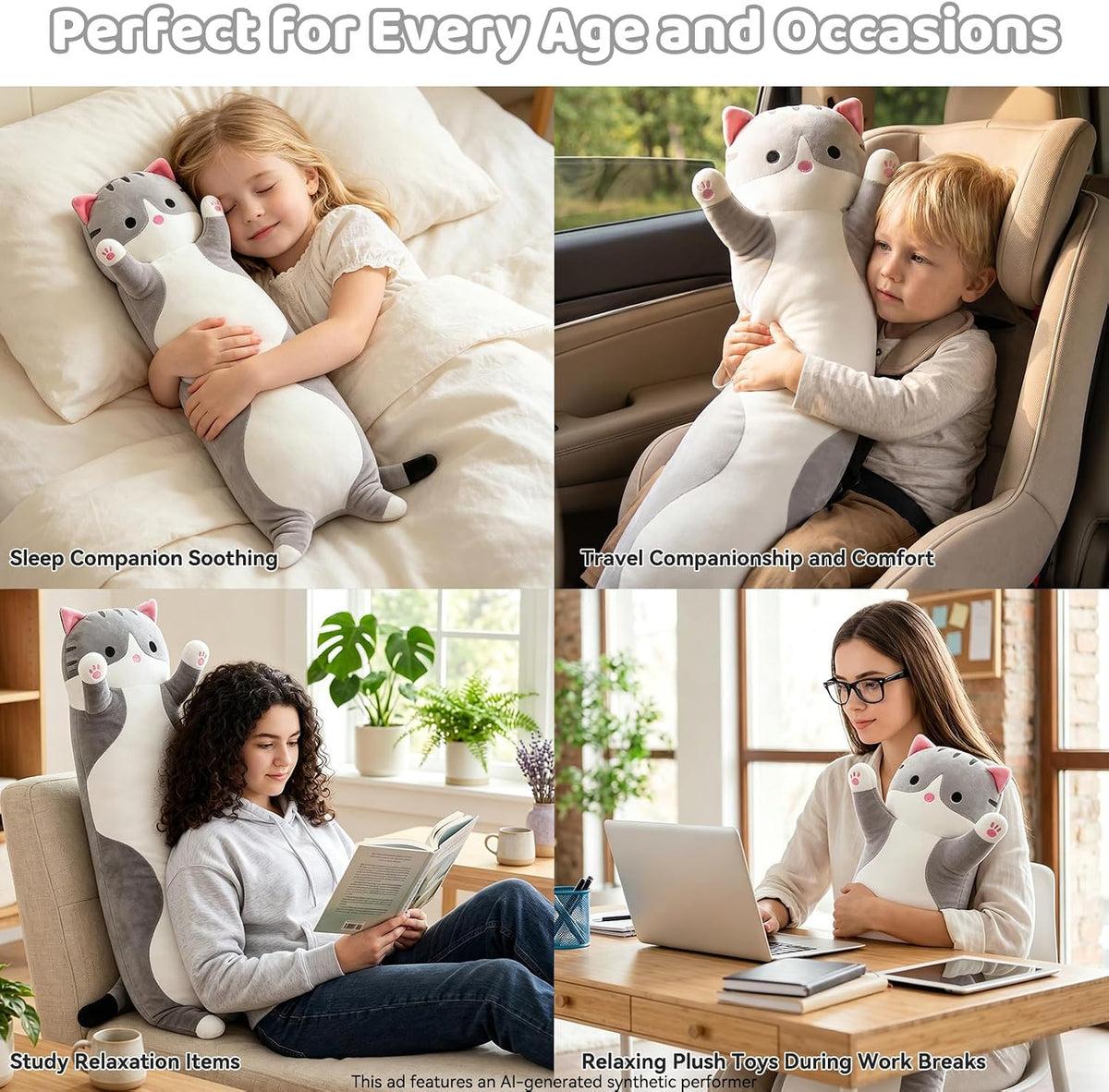 Cute Long Cat Plush Body Pillow, Soft Stuffed Animals 19.7 Inch – Fun for Kids & Family - Gray / 27.5 inches - image 3
