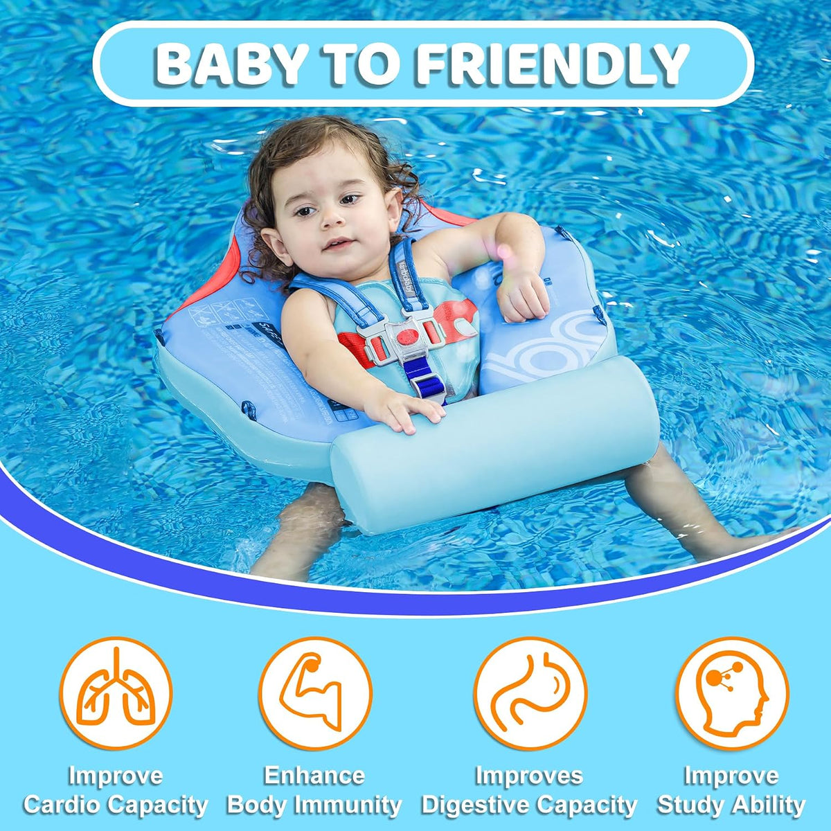 Mambobaby Baby Float with Canopy & Tail Non-Inflatable Baby Swim - BLUE - image 4