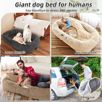 Human Dog Bed for Adults & Pets, 63"x32"x10" Faux Fur Nap Bed with Pillow, Blanket & Strap, Orthopedic Washable Lounger for Sleeping, Relaxing, Cuddling – Pink