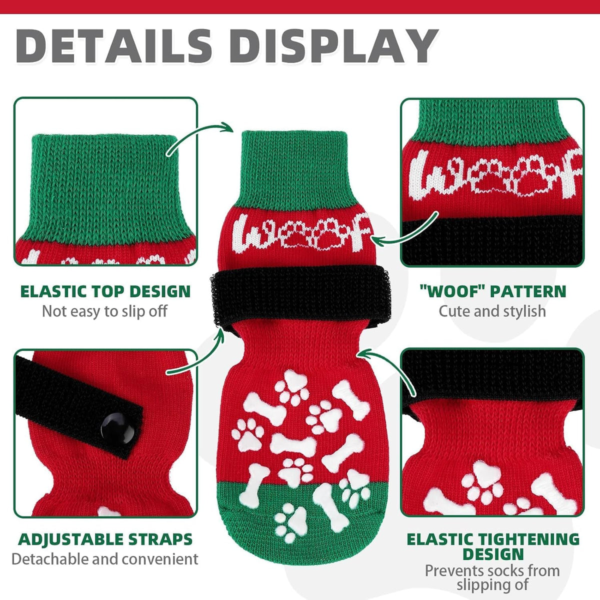Dog Socks Shoes for Hot Pavement to Prevent Licking Paws - Red&green With Woof / X-Large (4 Pack) - image 2