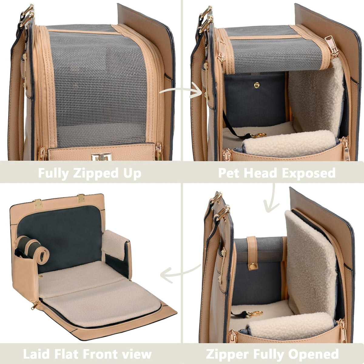 2-in-1 Stylish Dog Purse Carrier Travel Tote Bag for Small Dogs Cats - Khaki / 15" L x 7.5" W x 12.2" H - image 4
