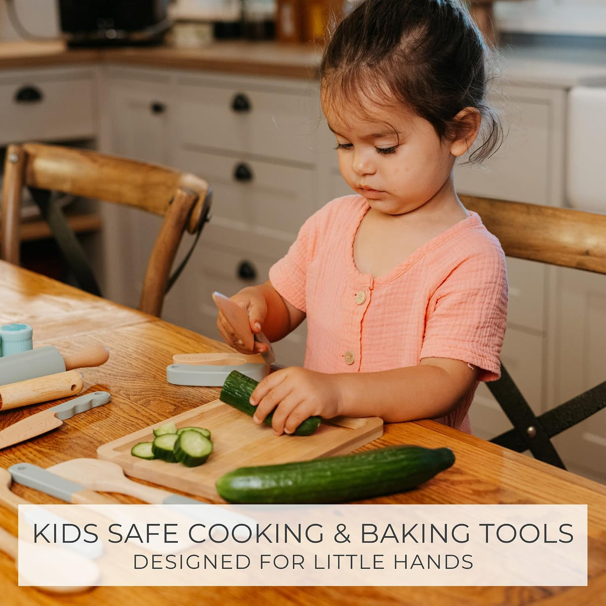 ZICOTO wooden kids cooking and baking set with knives, rolling pin, whisk and spatulas in sage - view 4
