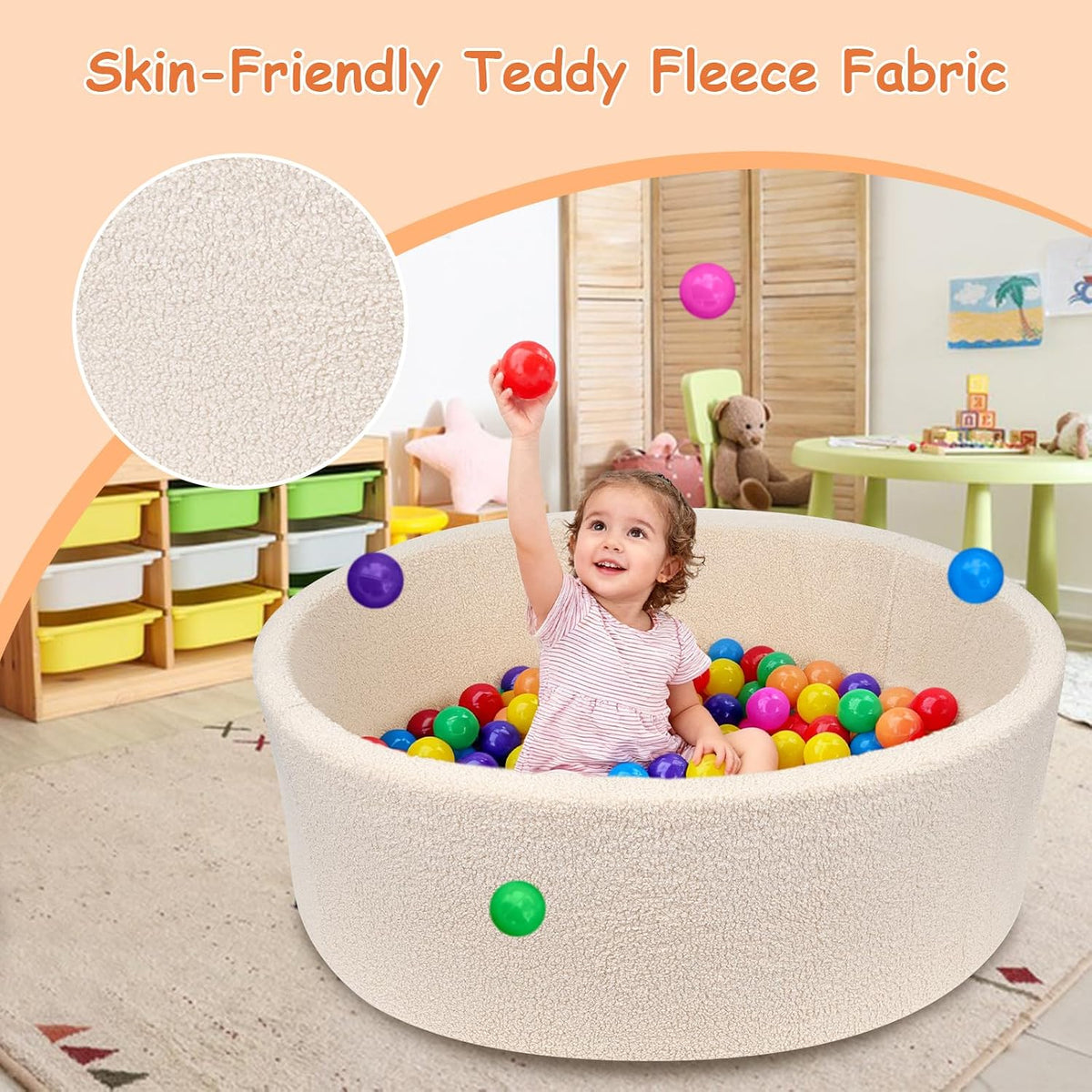 MEOGETY beige teddy fleece foam ball pit for toddlers with soft round walls - view 24