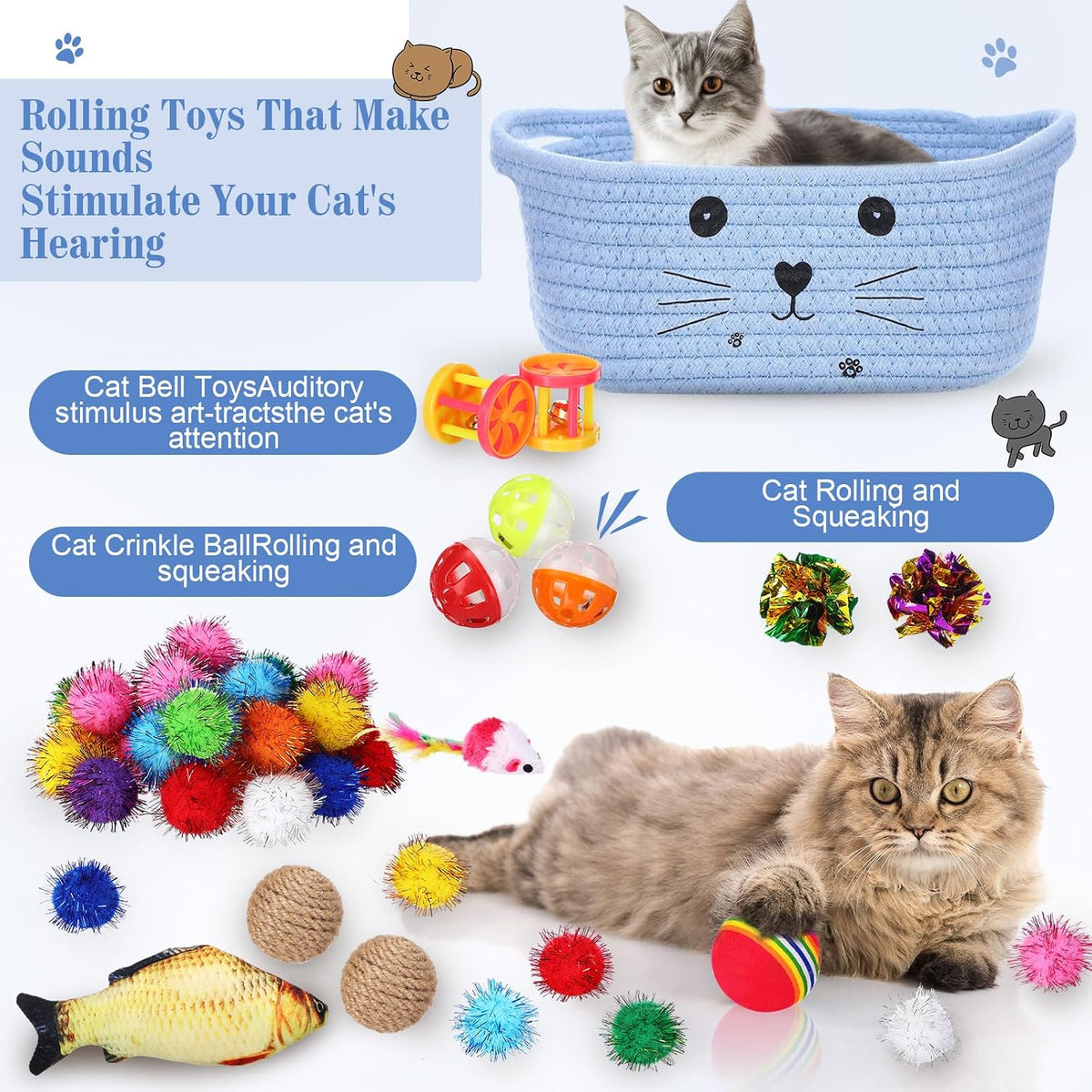 Zopeal 58 Pcs Cat Toy Set with Storage Basket Indoor, Grey - Light Blue / 9.8 Inch - image 3