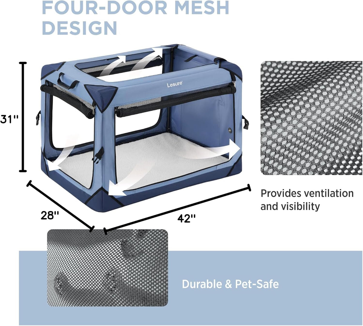 Lesure Portable Soft Collapsible Dog Crate for Large Dogs - Blue / 42.0"L x 28.0"W x 30.0"H - image 3