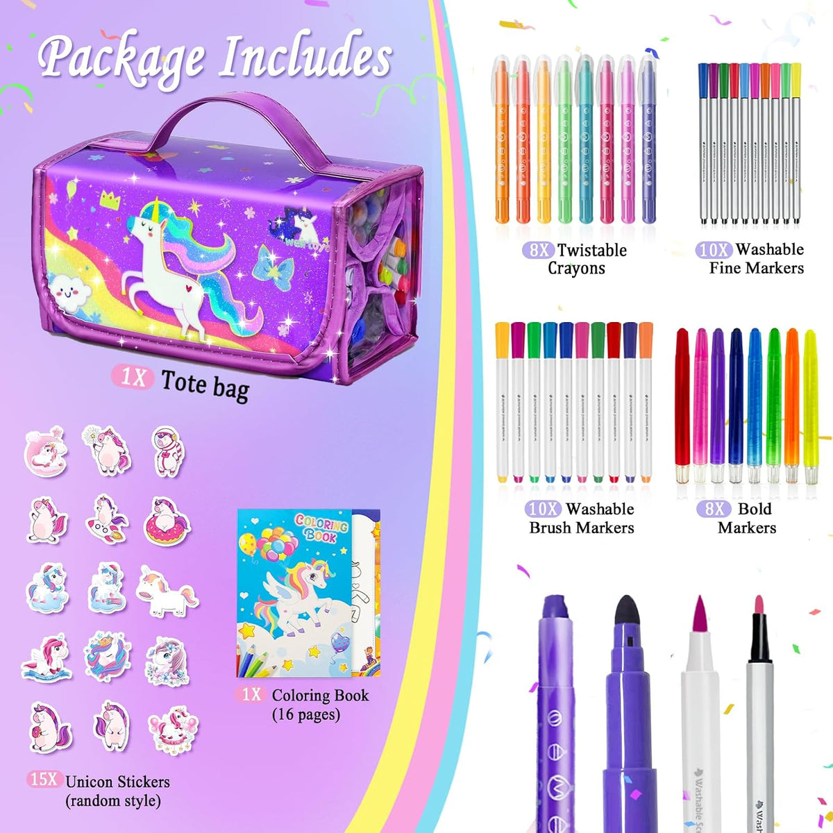 weirtoya 56 PCS Washable Scented Markers Set with Glitter Pencil Case - Purple Unicorn - image 2