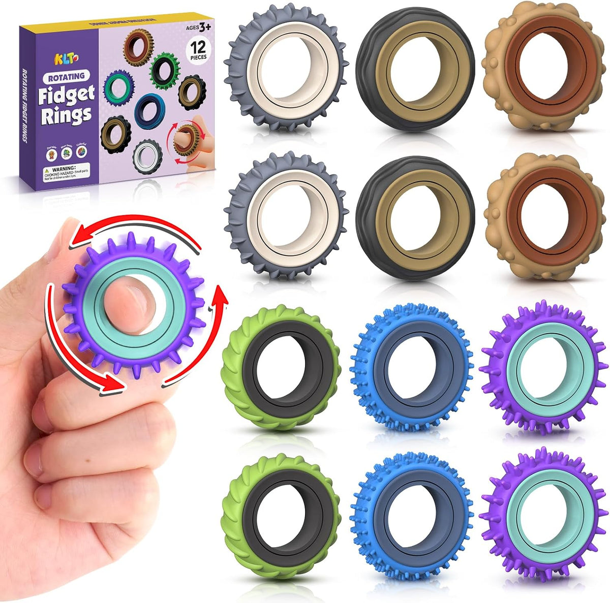 Fidget Toys Adults Sensory Rings: 12 Pack Texture Spinner Rings - 12PCS