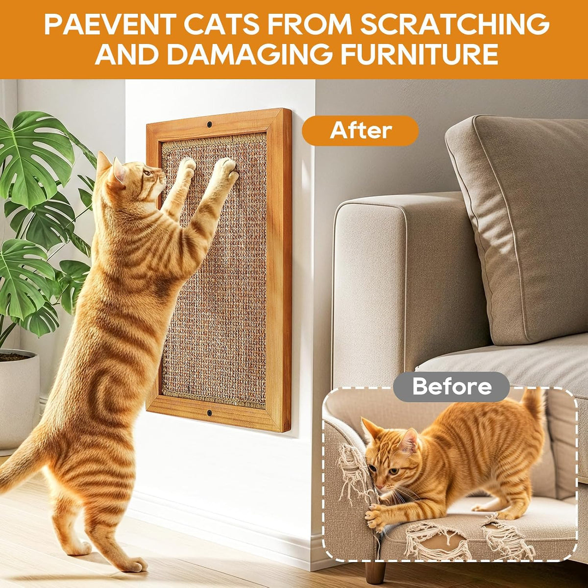 Cat Scratching Post, Wooden Sisal Cats Wall Scratcher - 1 PCS Large Brown - image 3