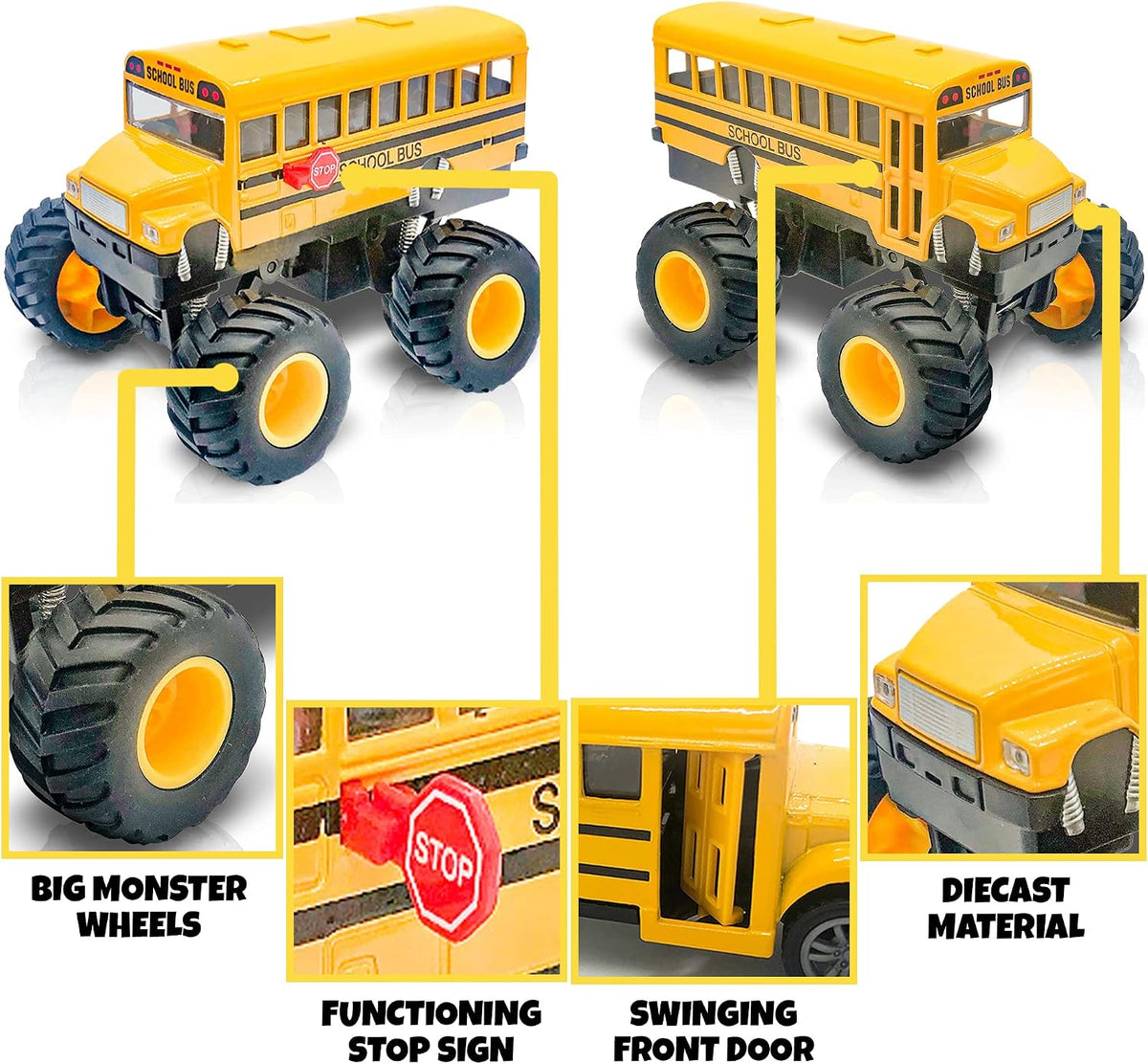 ArtCreativity 5 inch yellow diecast monster school bus pullback toy with big tires - view 5