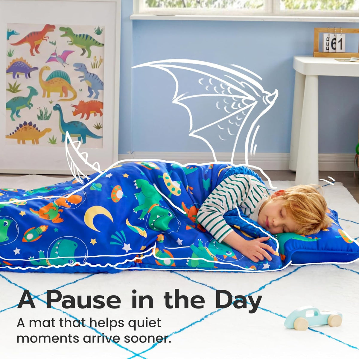 JOIEDOMI Toddler Nap Mat with Removable Pillow and Minky Blanket - Dark Blue Dinosaur - image 4