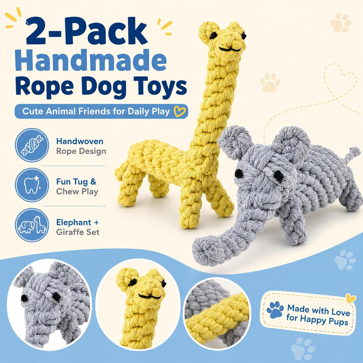 Dog Rope Toys, Puppy Teething Chew Toys for Small and Medium Dogs, 2 Pack – Essentials for Dogs - Elephant and Giraffe - image 2
