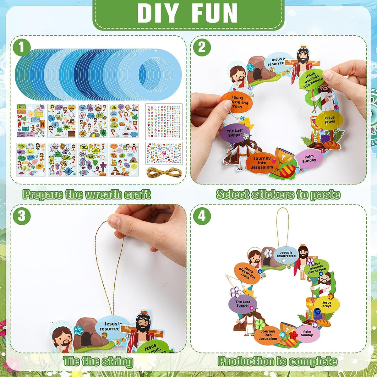 Hollowfly Thanksgiving paper wreath craft kits with gem stickers, ribbons and wool balls - view 13