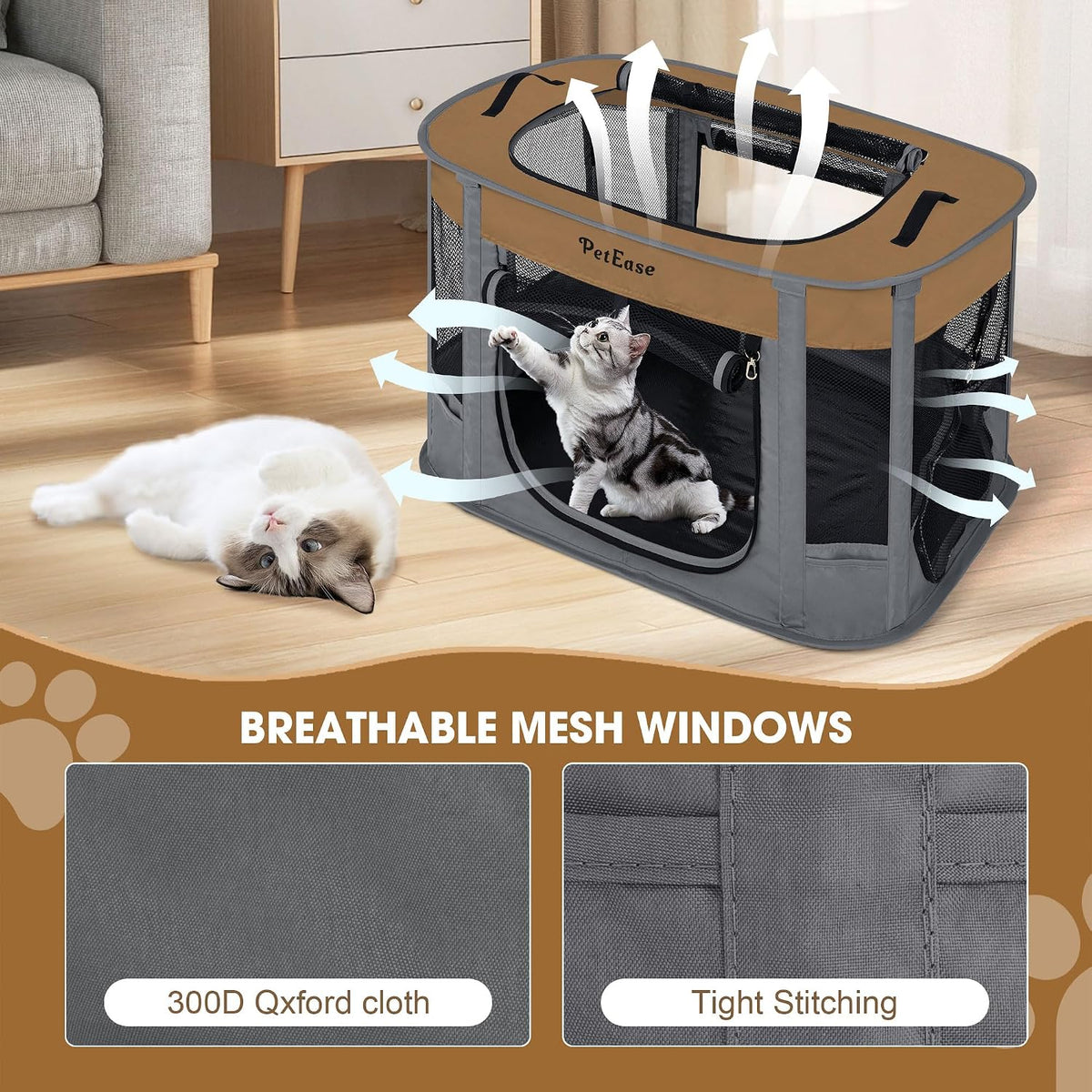 Portable Cat Playpen with Litter Box, Cat Enclosure for Camping - Brown / Double - image 3