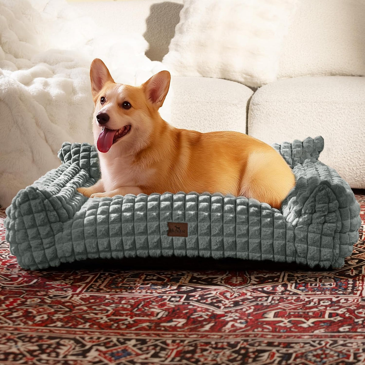 Cat Couch Bed with Fluffy Faux Rabbit Fur for Indoor Cats - Grey / Large: 36"L x 27"W x 10"Th