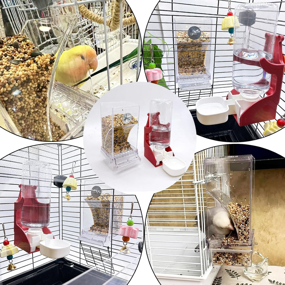 No Mess Bird Feeder for Cage Automatic Small Bird Food Container - Red+Transparent / 2Pcs - image 4