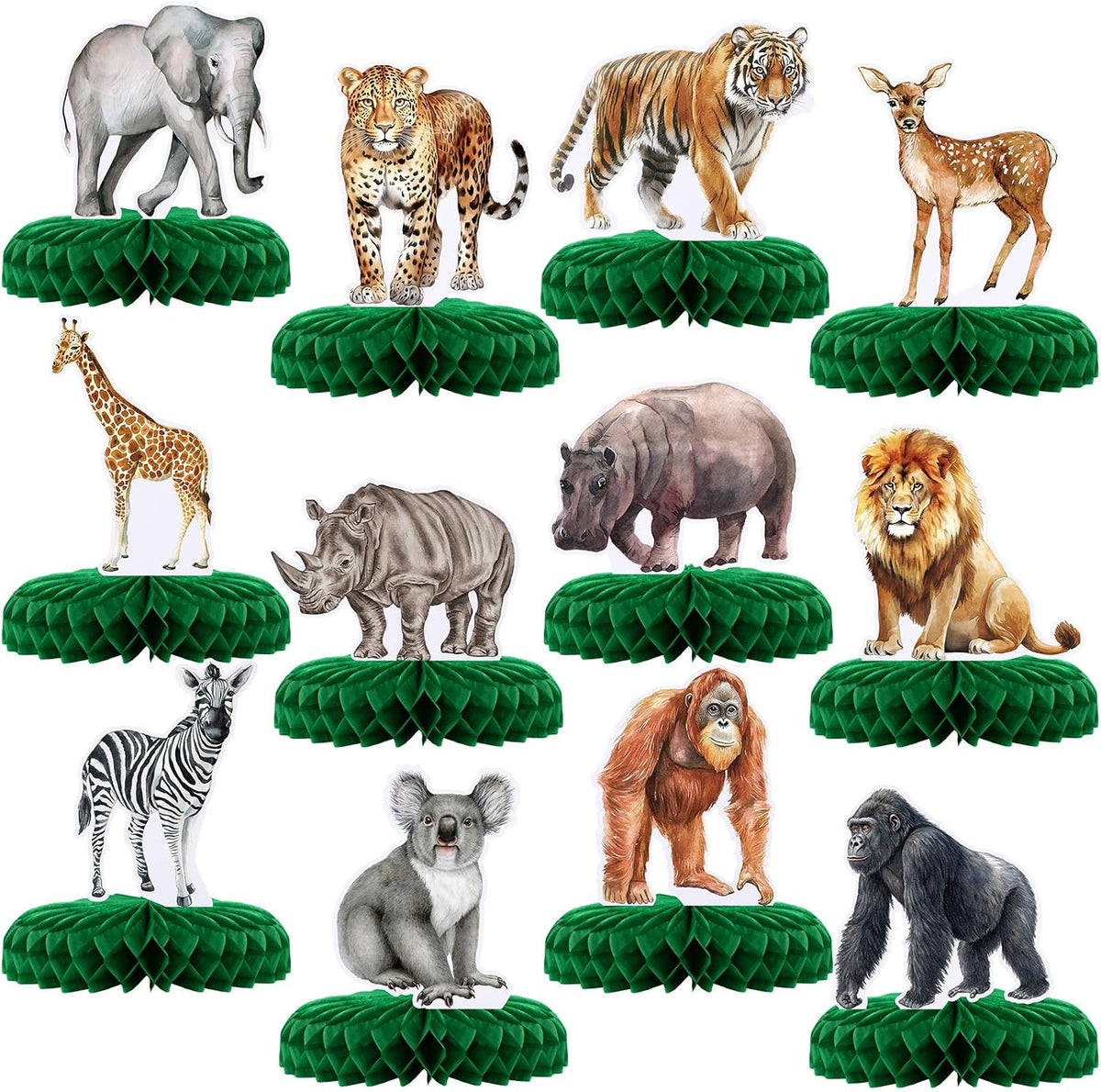 Yeaqee 12 safari animal honeycomb centerpieces with giraffe and monkey - view 2
