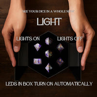 HEIMDALLR liquid core DND dice set in Fenrir's Shadow with glowing LED display box - view 23