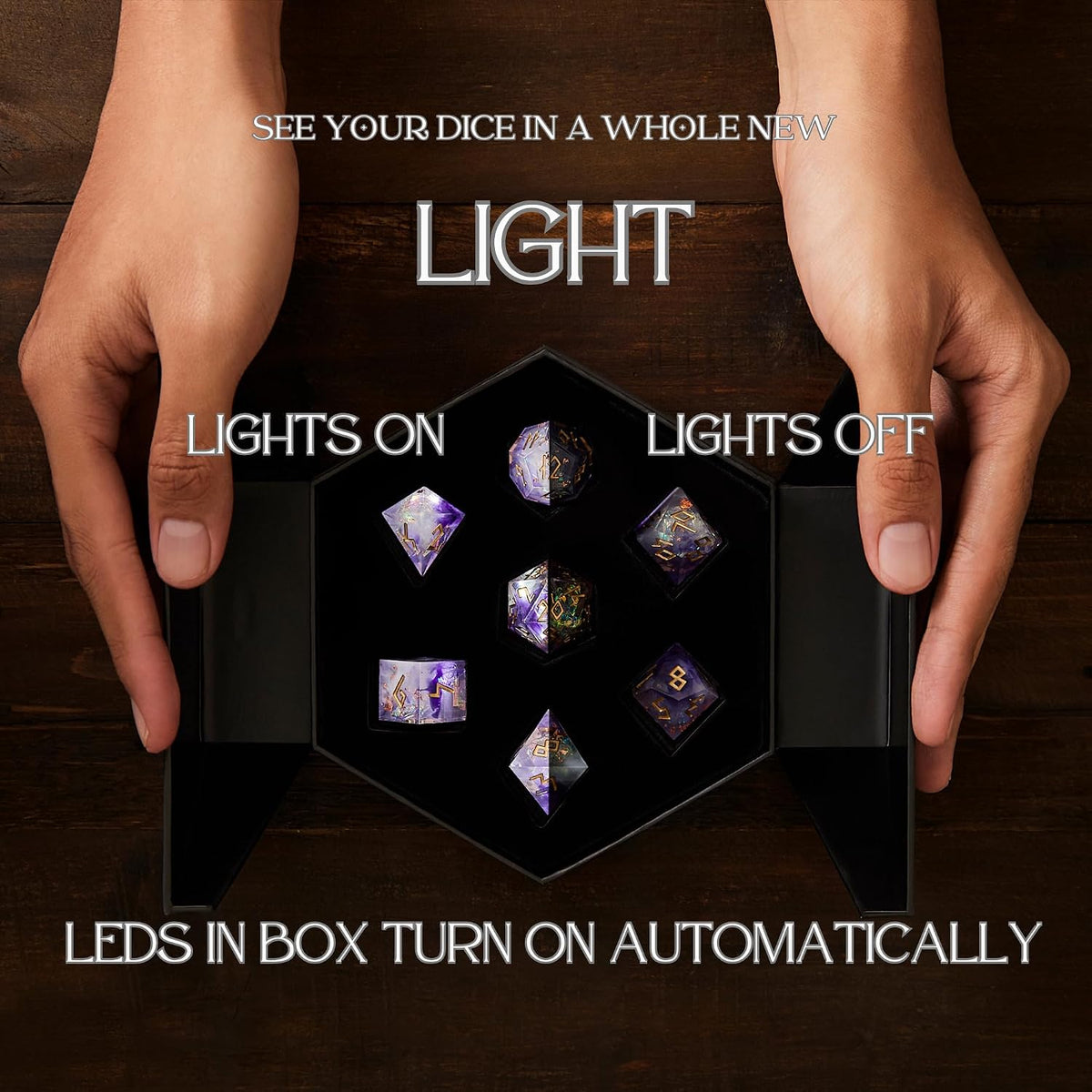 HEIMDALLR liquid core DND dice set in Fenrir's Shadow with glowing LED display box - view 23