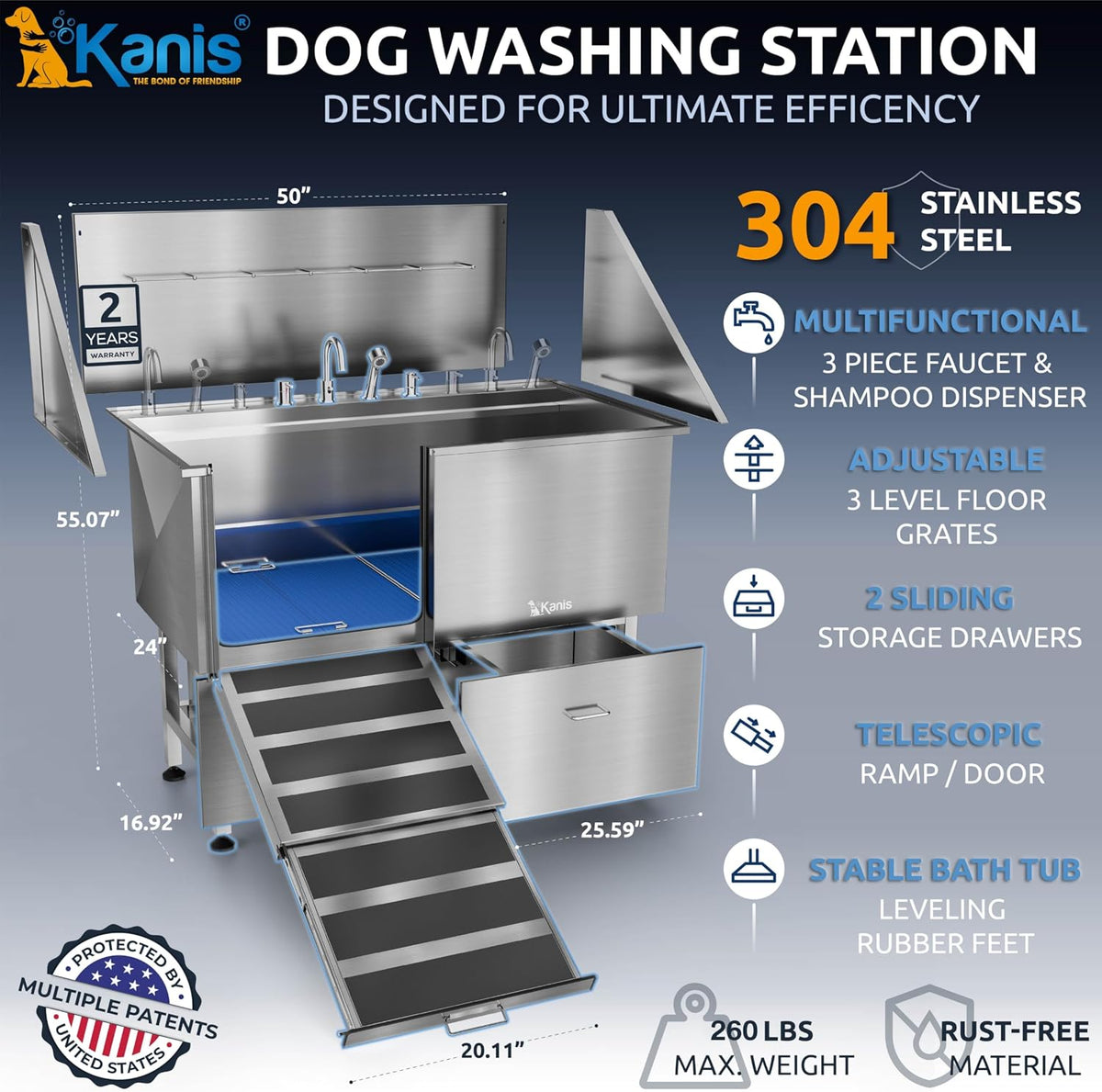Professional Dog Washing Station 304 Stainless Steel Pets Grooming Tub – Essentials for Dogs - Silver, Left Ramp, 2 Drawer / 50 Inches - image 2