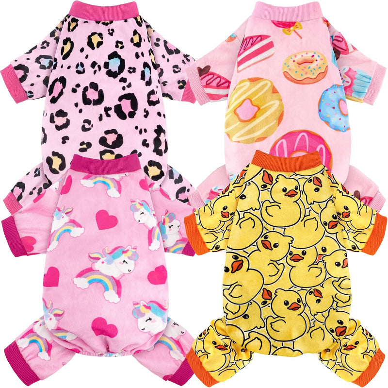 4 Pack Dog Pajamas Soft Lightweight Dog Recovery Suit Onesie Clothes - Leopard,Donut,Unicorn,Duck / S (Back: 7",Chest: 11.8", 2.5-5lbs)