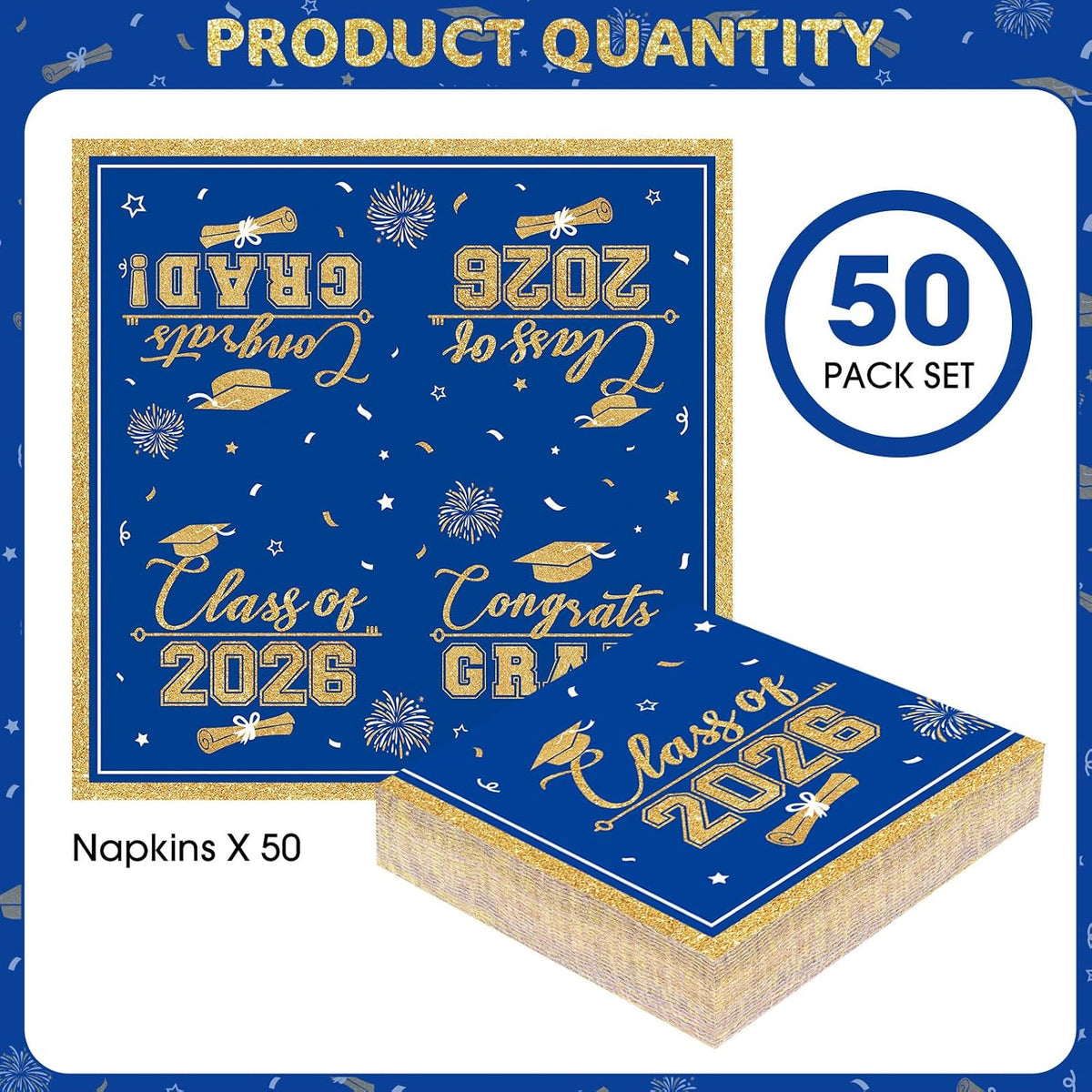 PERFQU Class of 2026 graduation napkins in blue and gold with cap and tassel design - view 11