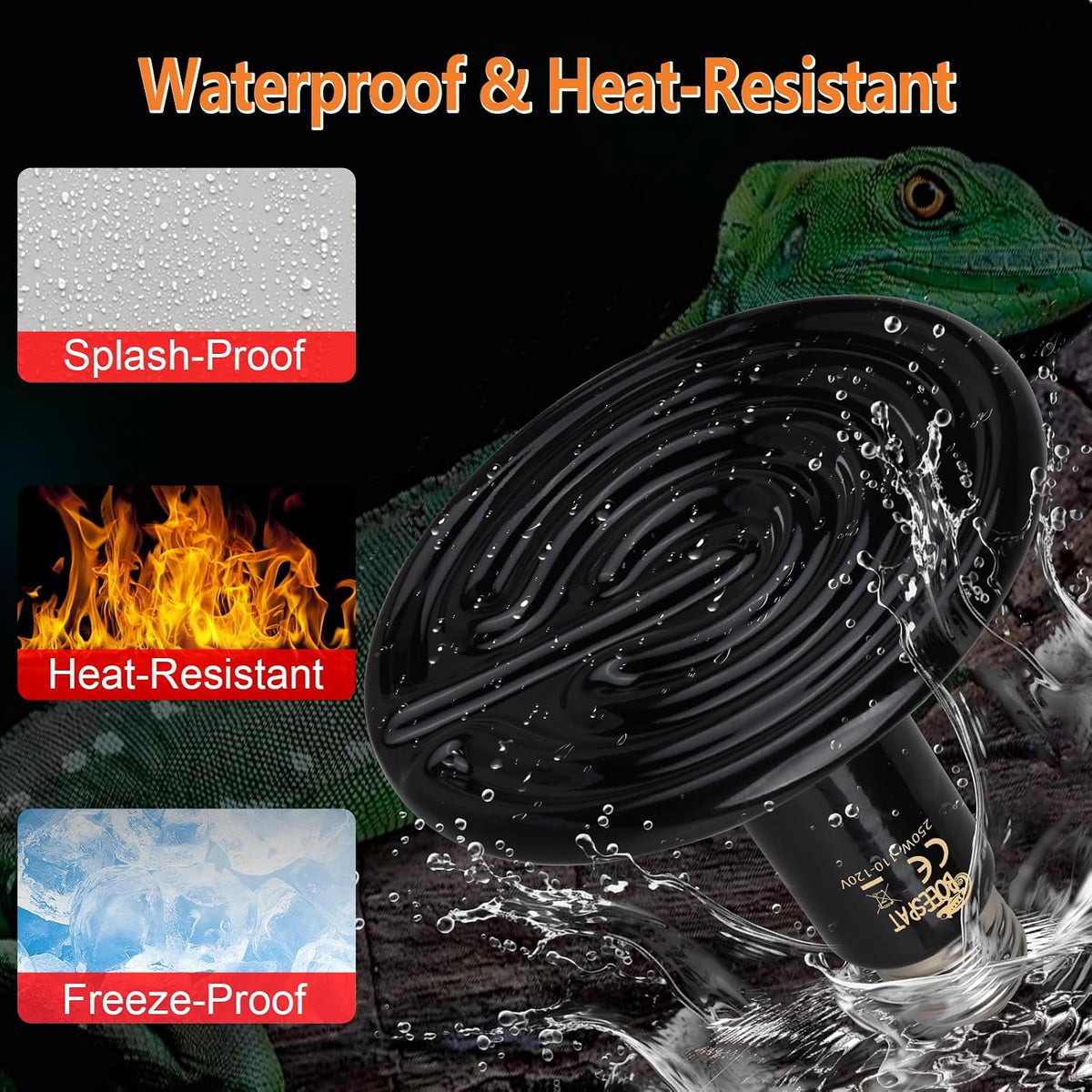 150W Reptile Heat Lamp, Pack of 2 Ceramic Heat Emitters for Reptile Geckos, Lizard, Iguana, Bearded - 250 Watts / Black - image 2