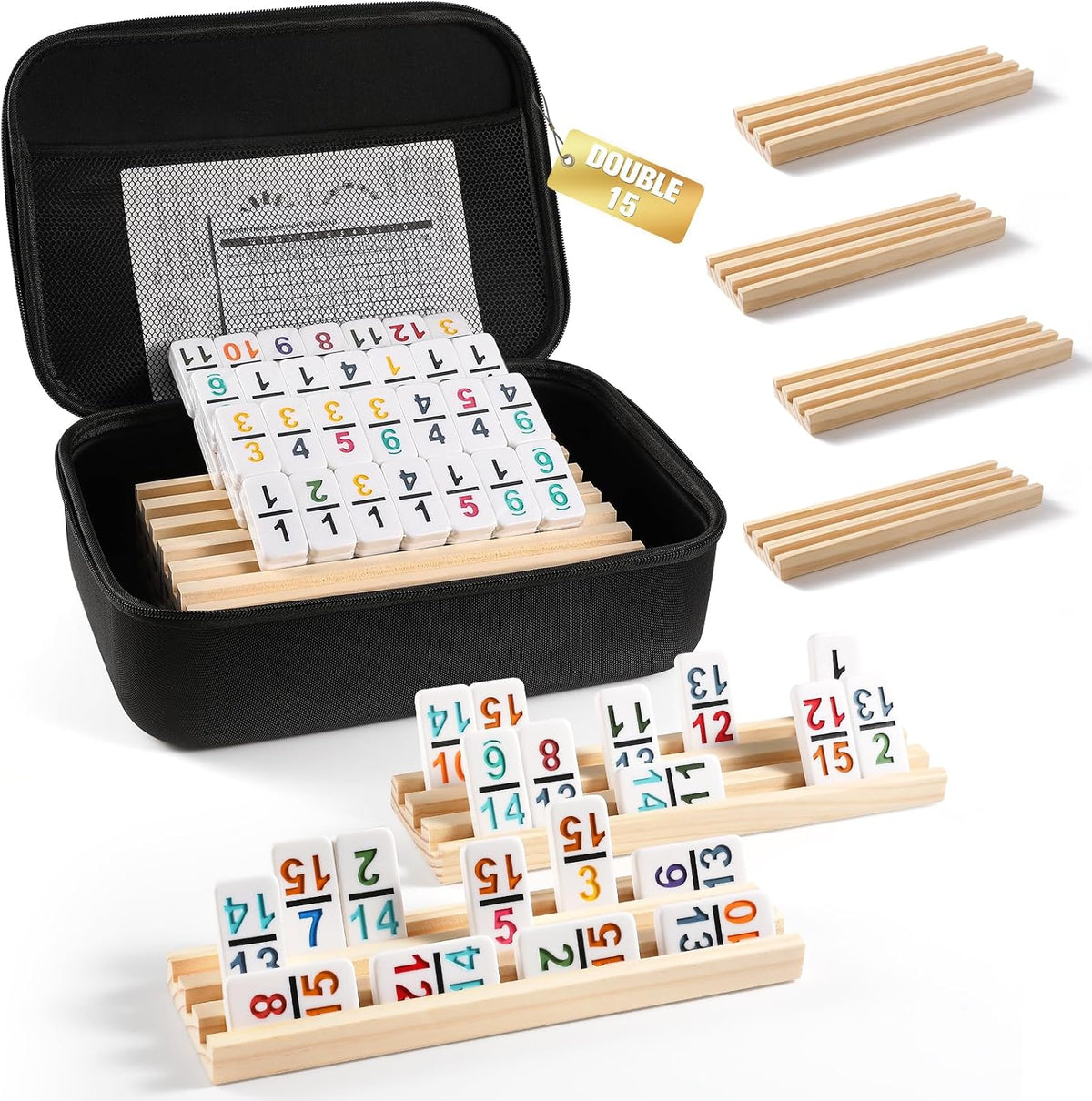 Mexican Train Dominoes Set with Numbers and 4 Wooden Trays/Racks - D15 Numbers 8 Players