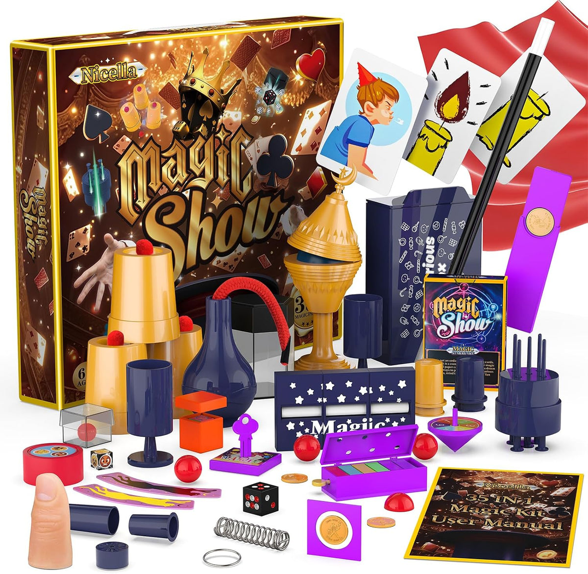 Nicella magic kit for kids with 35 magic props and cards