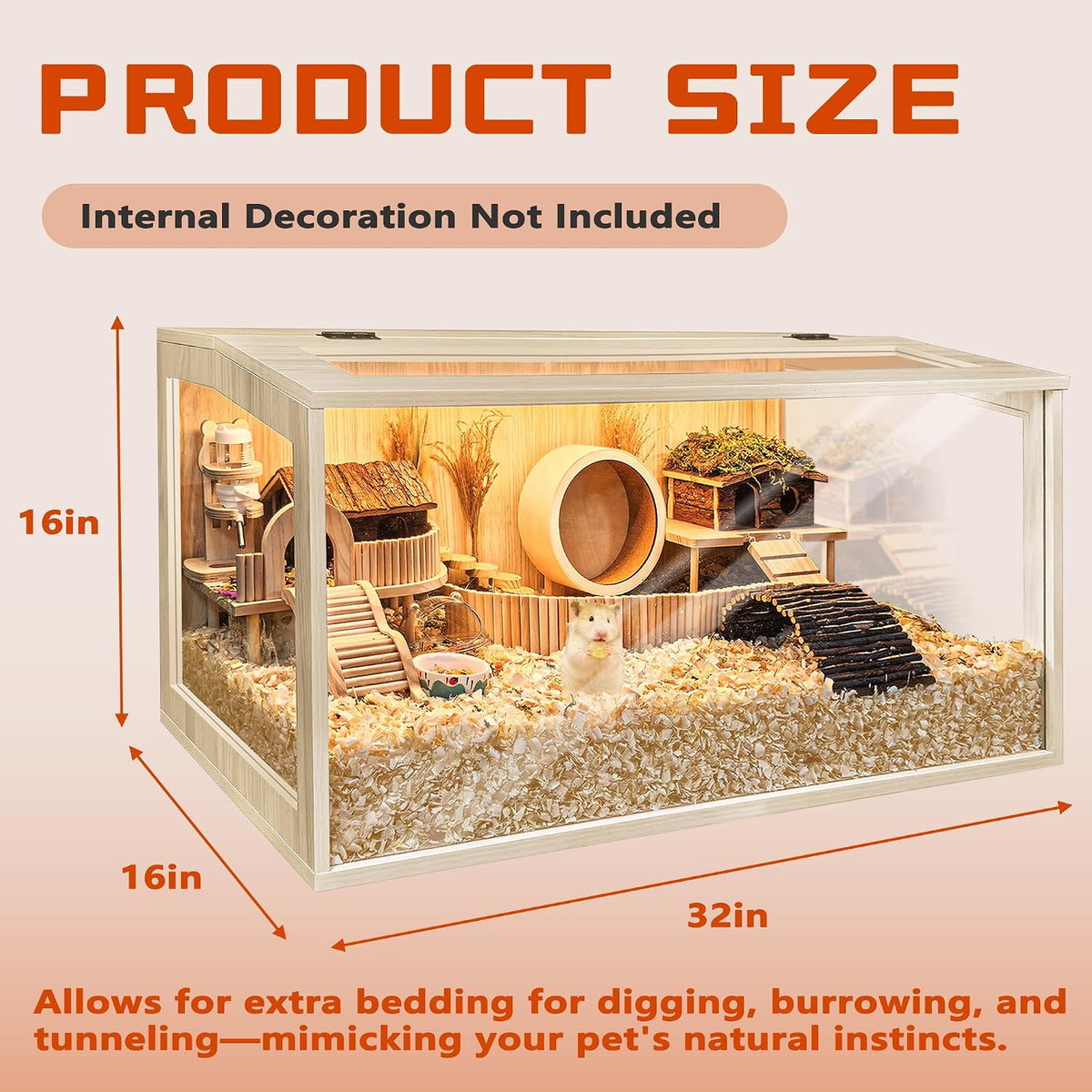 Hamster Cage Chewproof, Large Hamster Cages and Habitats - Natural Oak Wood / 32.0"L x 16.0"W x 16.0"H / Openable Wooden Roof - image 3