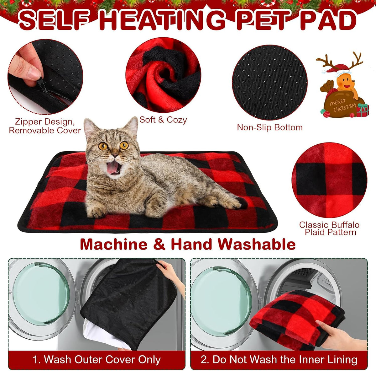 4 Pack Self Heating Cat Pad Self Warming Dog Mat, Heart - Buffalo Plaid / 16 x 20 Inches - image 3