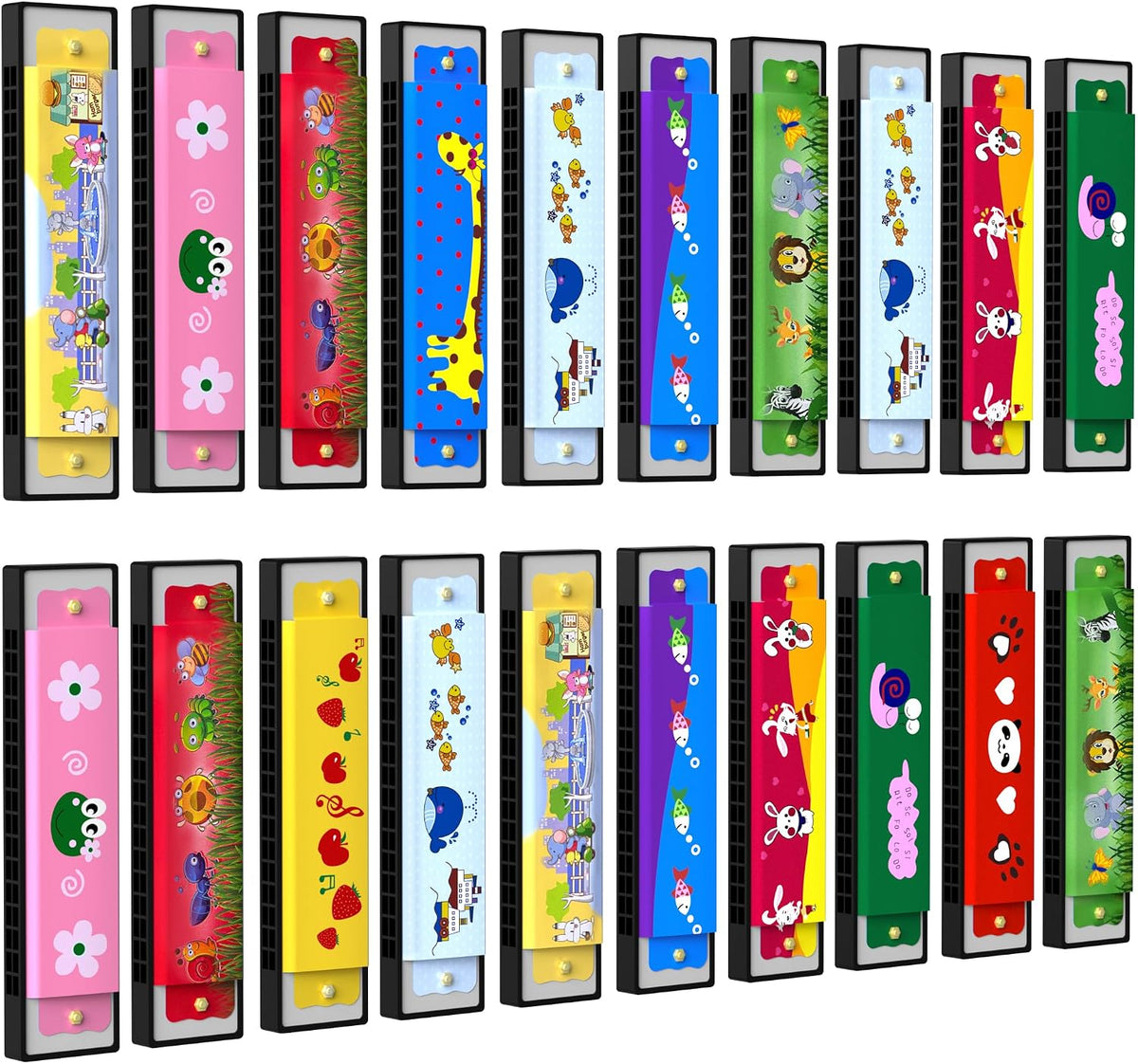 Wholelovein kids harmonicas, 20 colorful double row harmonicas with cartoon animal prints