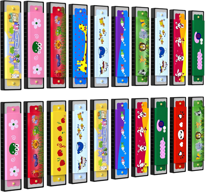 Wholelovein kids harmonicas, 20 colorful double row harmonicas with cartoon animal prints