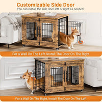 Lulive Dog Crate Furniture, Dog Kennel Indoor Double Doors Wooden Dog Cage, 32'' Heavy Duty Dog Crate with Cushion & Wheels, Decorative End Table Pet House Chew-Resistant for Medium/Small, Brown
