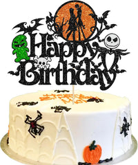 Gyufise black glitter Halloween happy birthday cake topper with half moon, house, pumpkin, ghost and - view 6