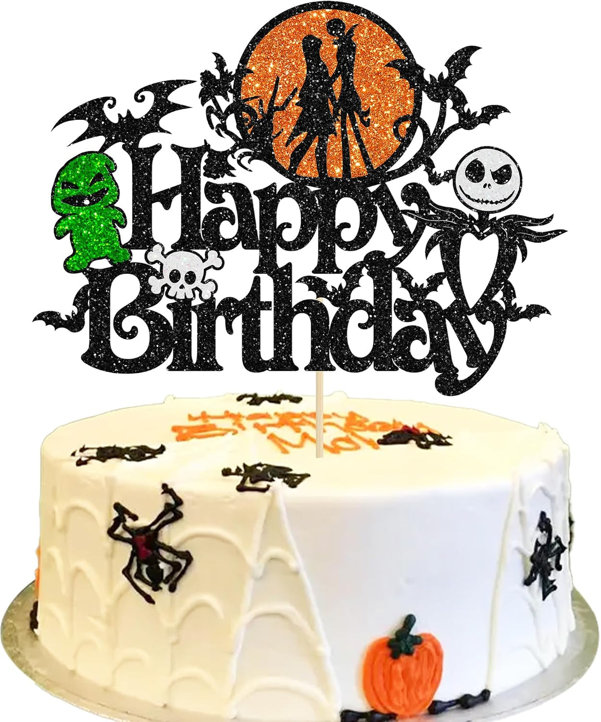 Gyufise black glitter Halloween happy birthday cake topper with half moon, house, pumpkin, ghost and - view 6