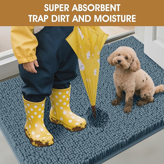 IM HOME Extra Large 60" x 36" Dusty Blue Dog Door Mats for Muddy Paws, Chenille Absorbent Dog Mat, Non Slip Heavy Mud Mat for Dogs, Soft Pet Bed Mat for Entryway, Mud Paws, Inside Floor