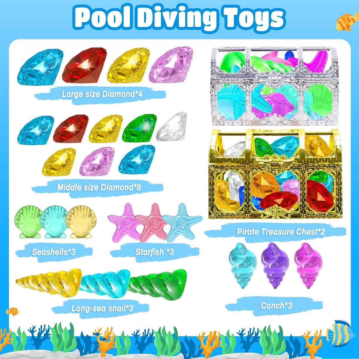 MGparty 24 piece diving gem pool toys with colorful acrylic gems, shells and pirate treasure chest - view 4
