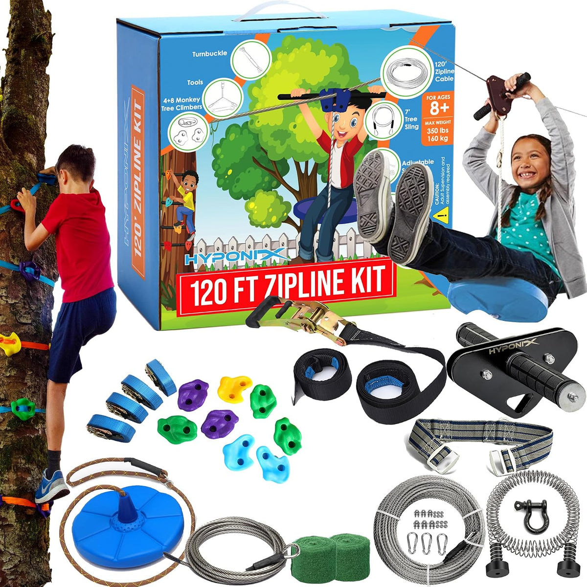 Hyponix Zip Line Kit for Backyard Kids and Adults 100 ft - 120' Zipline Kit