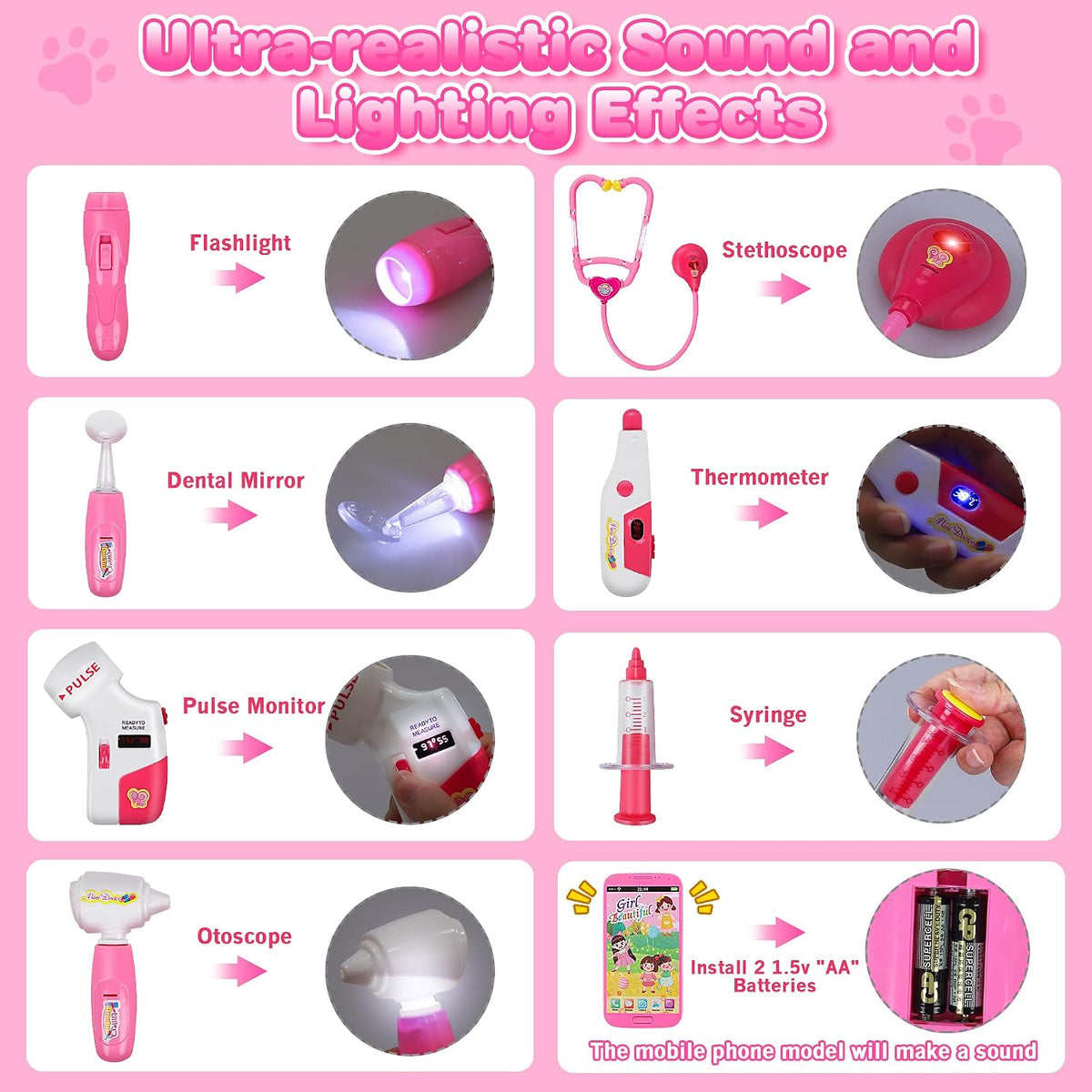 33PCS Toy Doctor Kit for Girls - Pink with Dog Toy - image 4