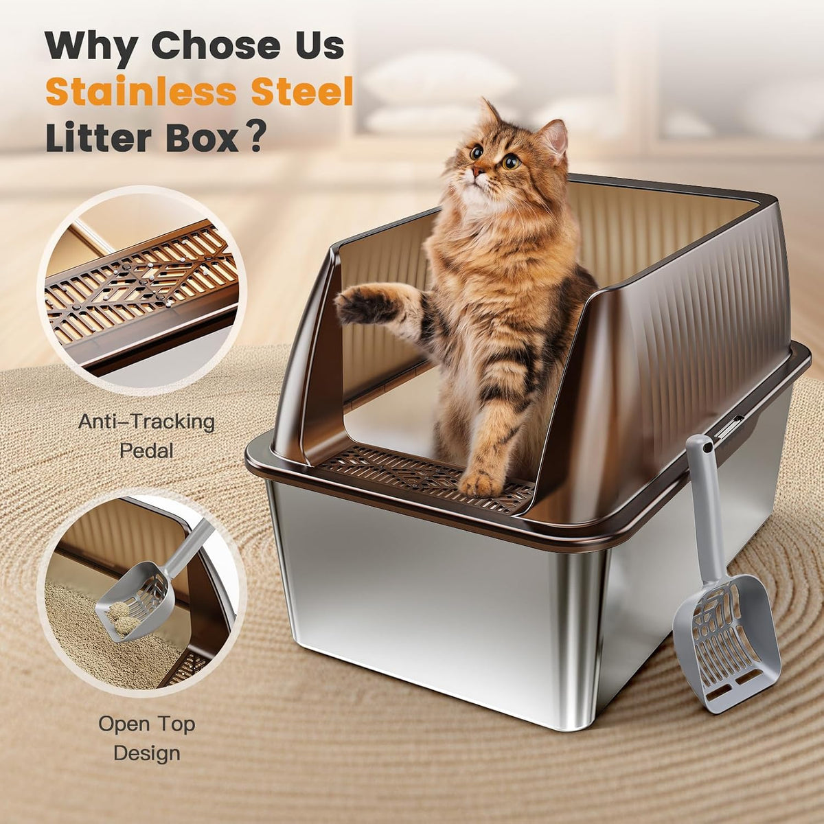 Tripamin 15”Stainless Steel Cat Litter Box Enclosure - Translucent brown / XX-Large - image 4