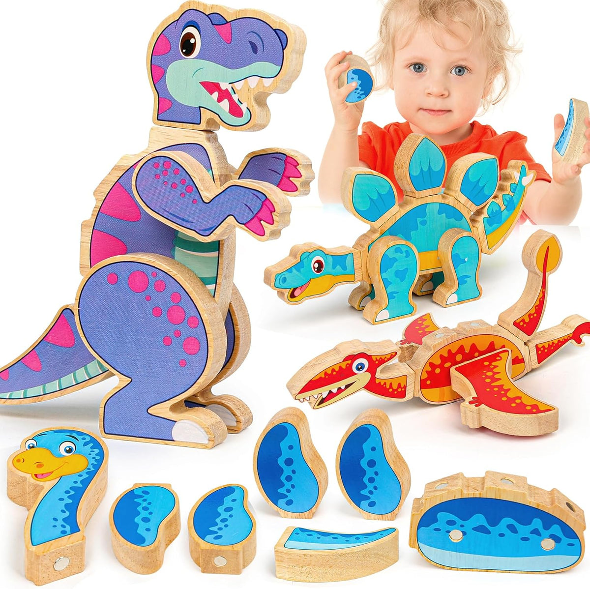 FQKIOMY magnetic wooden dinosaur building blocks in bright colors for kids 3-5 - view 2