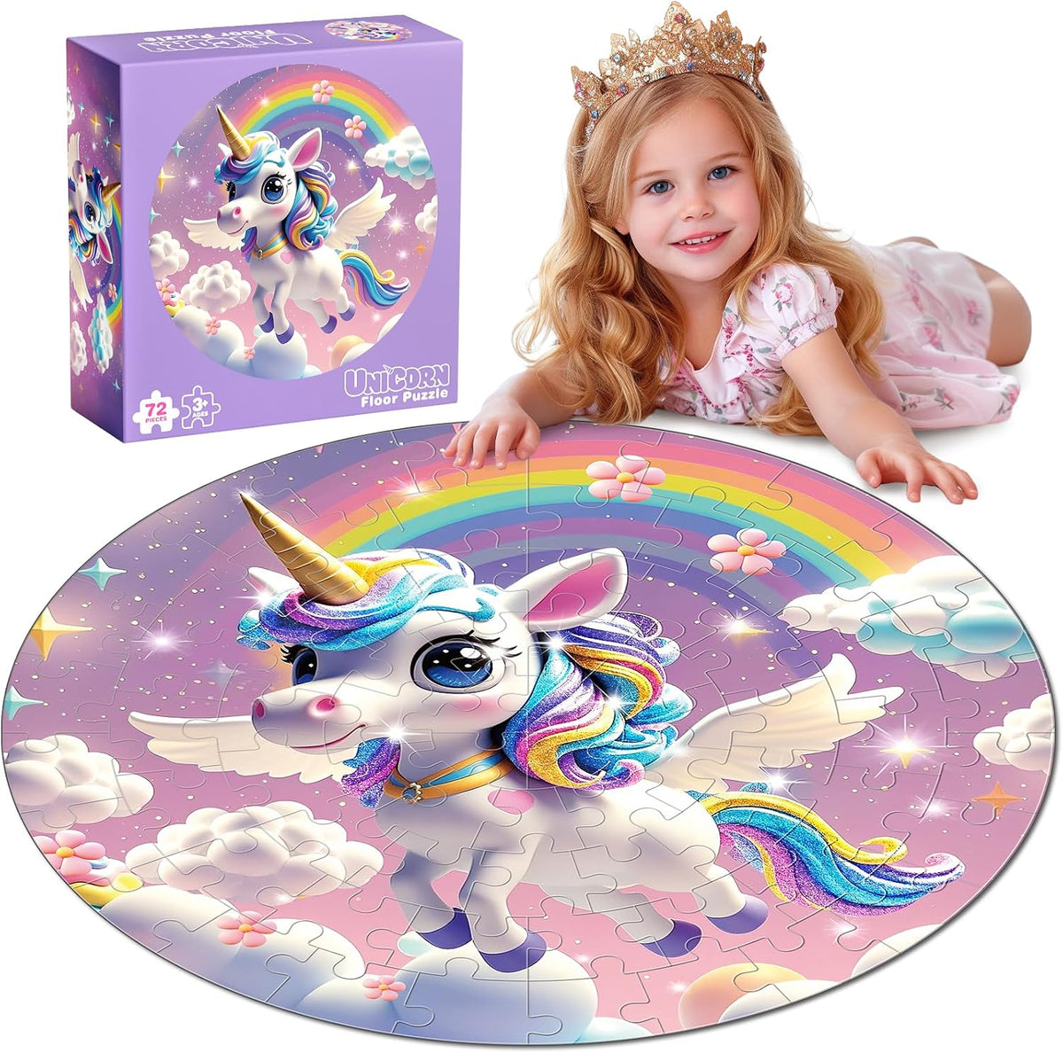Rifamee 72 piece shimmery round Christmas floor puzzle with Santa delivering gifts