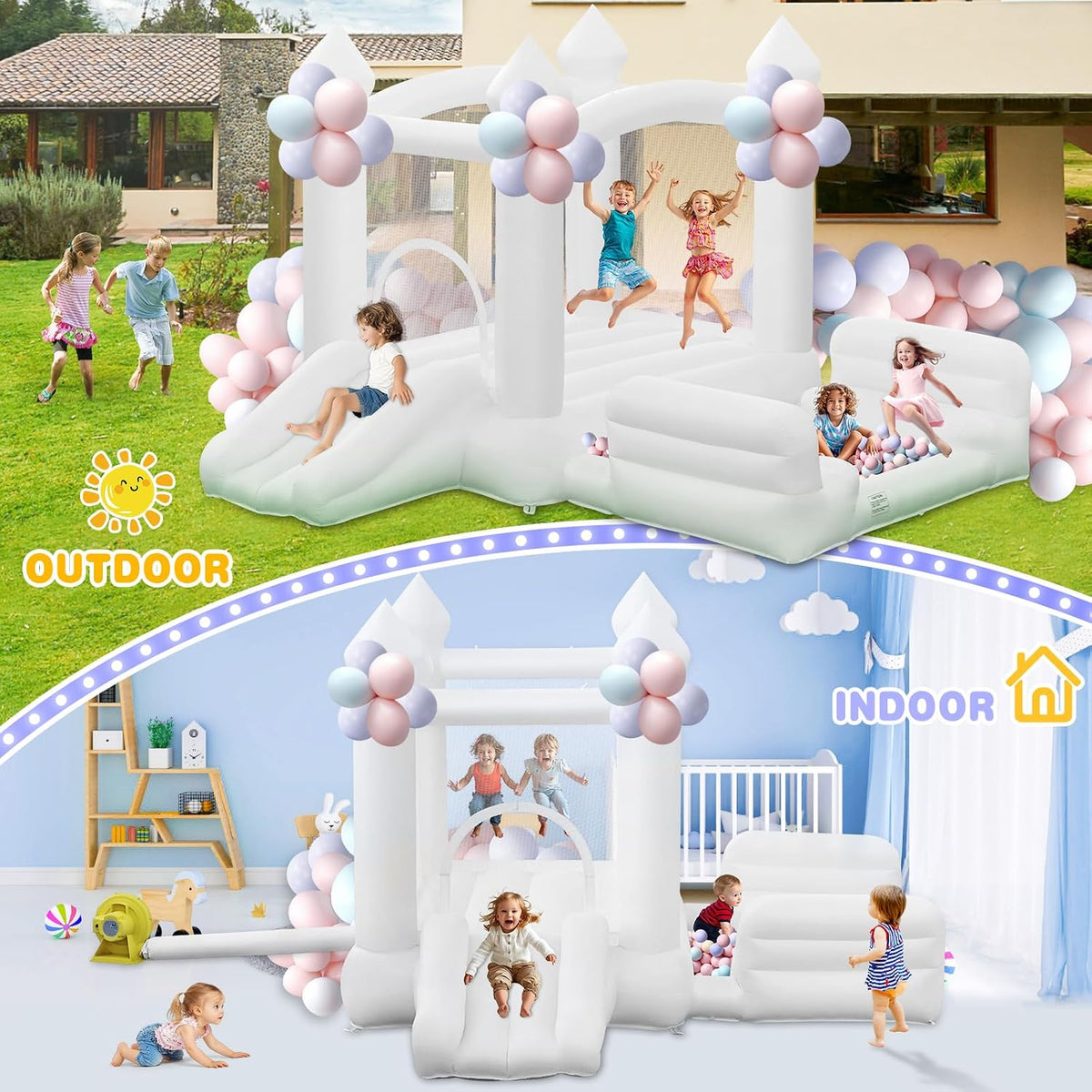 GYMMALL white inflatable bounce house for kids with slide, ball pit and mesh walls - view 5