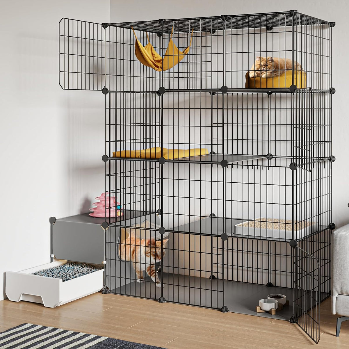 Large four tier metal wire cat cage with separate litter box drawer