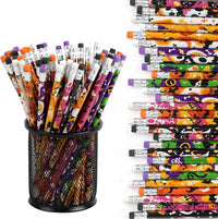 DIYASY Halloween pencils for kids, 48 wooden pencils in 12 designs with colored erasers