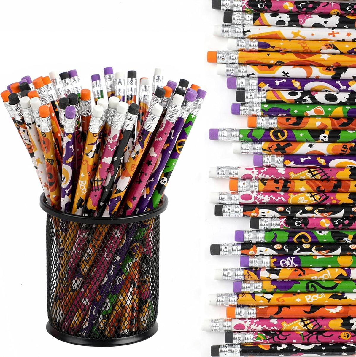 DIYASY Halloween pencils for kids, 48 wooden pencils in 12 designs with colored erasers
