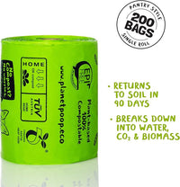PLANET POOP Home Compostable Dog Poop Bags Extra Long with Handles | Large Single Roll 200 Grab & Go | Un-scented Dog Waste Bag | Leakproof Doggy & Cat Bags | Plant-Based Pet Supplies